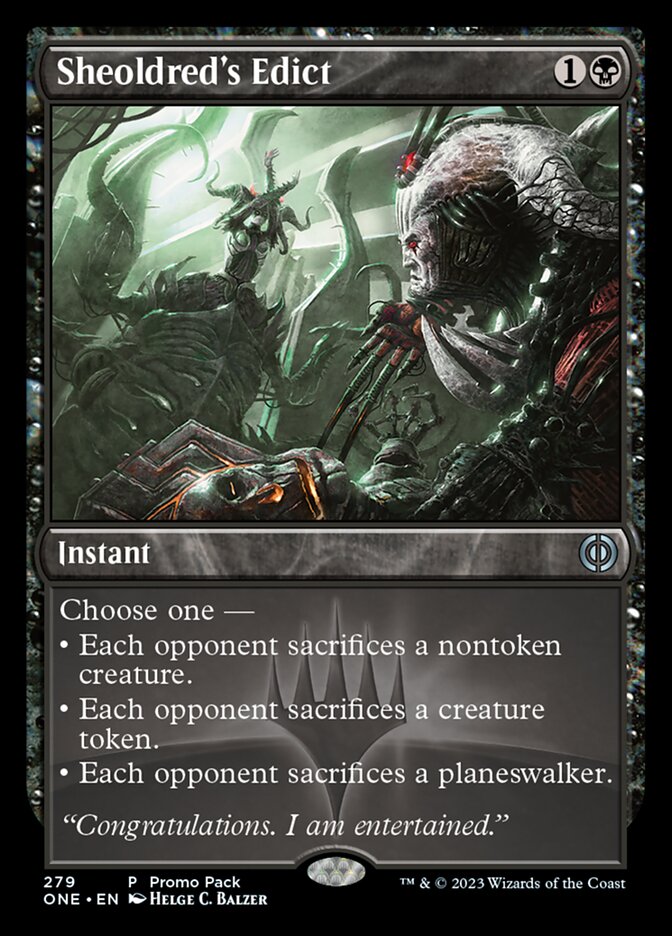 Sheoldred's Edict (Promo Pack) [Phyrexia: All Will Be One Promos] [Foil]