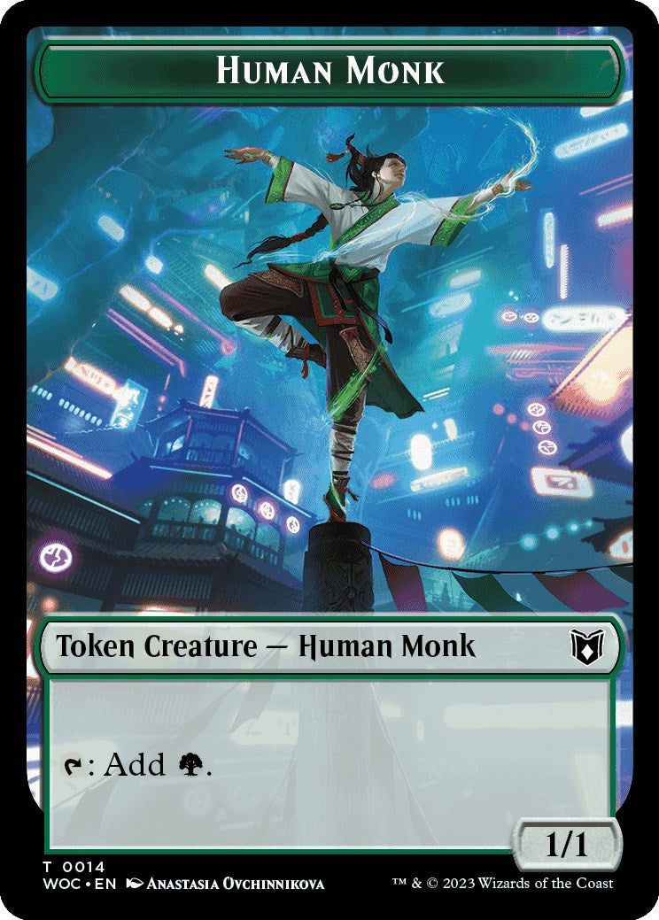 Human Monk // Saproling Double-Sided Token [Wilds of Eldraine Commander Tokens] [Foil]