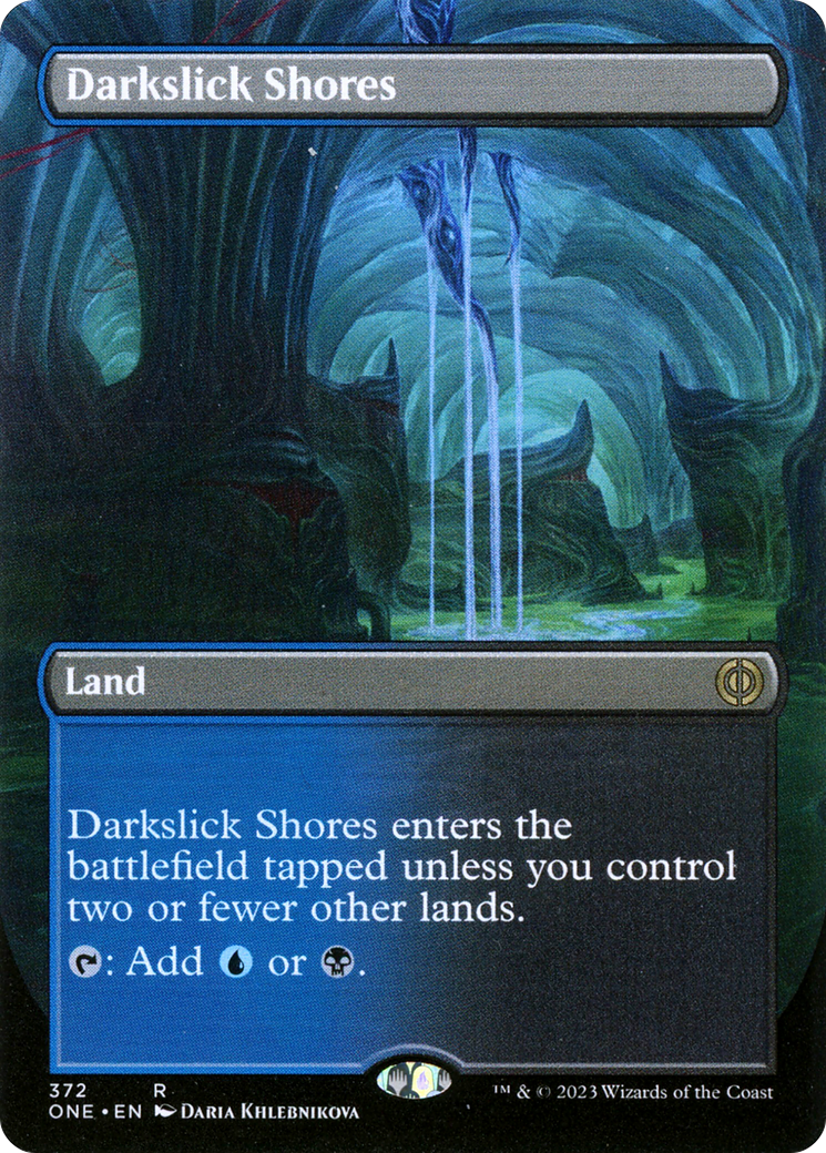 Darkslick Shores (Borderless Alternate Art) [Phyrexia: All Will Be One] [Foil]