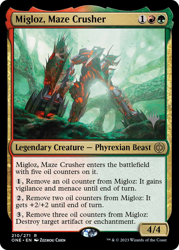 Migloz, Maze Crusher (Promo Pack) [Phyrexia: All Will Be One Promos] [Foil]